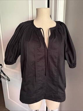 Elle Tahari Black Poplin Tie-Neck Top Blouse Pull over Medium NWOT Puff Sleeve